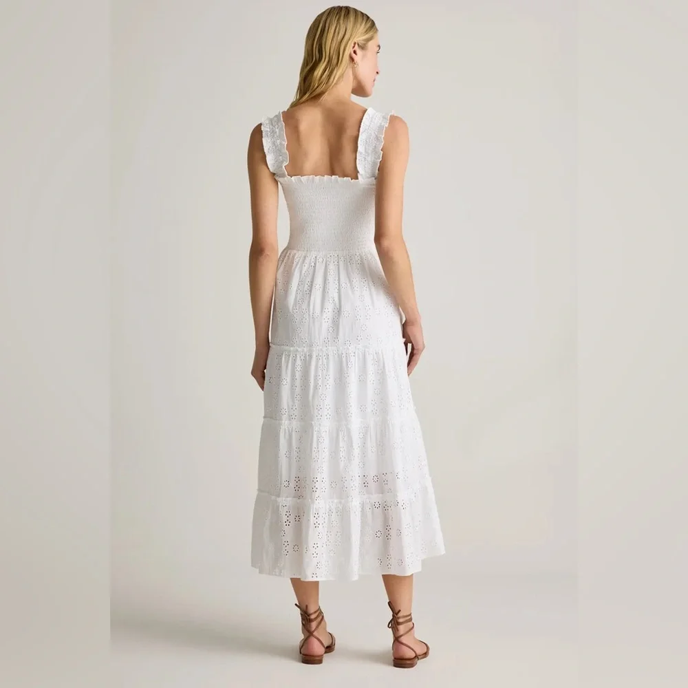 Quince Organic Cotton Eyelet Smocked Midi dress white L - Picture 2 of 8